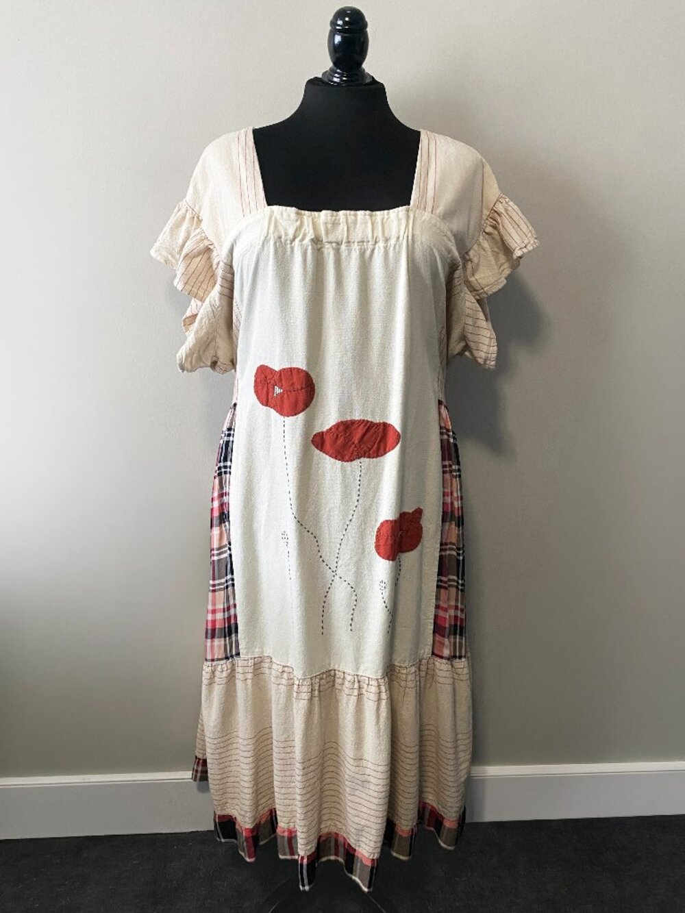 Handmade Plus Size Cotton Viscose Cream Beige Red Black Multi Pattern Dress